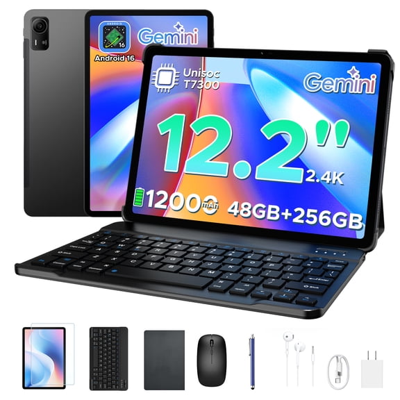 Aorlym P12 Pro 12 inch Tablet with Keyboard, Android 16 with Gemini AI, 48GB RAM+256GB ROM/2TB TF, 12000mAh/18W, 2.4K 120Hz, 4G Dual SIM, Face ID/OTG