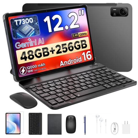 Aorlym P12 Pro 12 inch Tablet with Keyboard, Android 16 with Gemini AI, 48GB RAM+256GB ROM/2TB TF, 12000mAh/18W, 2.4K 120Hz, 4G Dual SIM, Face ID/OTG