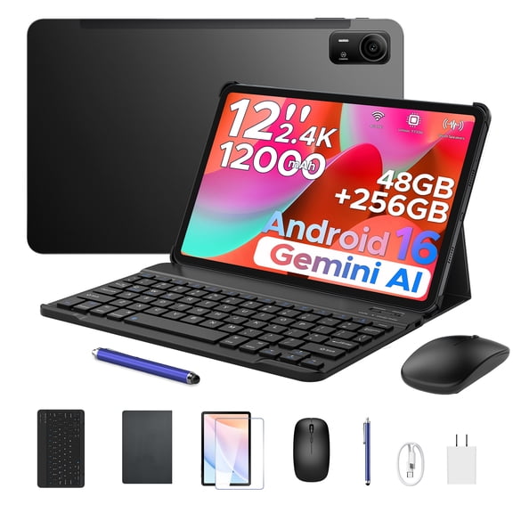 Aorlym P12 Pro 12 inch Tablet Android 16, 12000mAh/18W, T7300 Octa-core, 2.4K 120Hz, 48GB RAM+256GB ROM/2TB TF, 5G WiFi, 4G Dual SIM, 8MP+13MP, Gemini AI, Face ID/OTG, Tablet with Keyboard and Pen