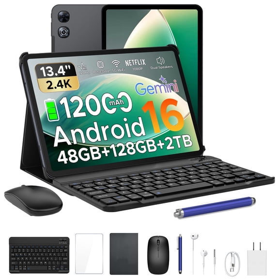 Aorlym P13 Android 16 Tablet, 13 inch Tablets with Gemini AI, IPS 2.4K, 120Hz, 48GB RAM+128GB ROM/2 TF, 12000mAh/18W, T7280 Octa-Core, 16MP, Face ID, 5G WiFi, GPS, OTG, Keyboard Stylus