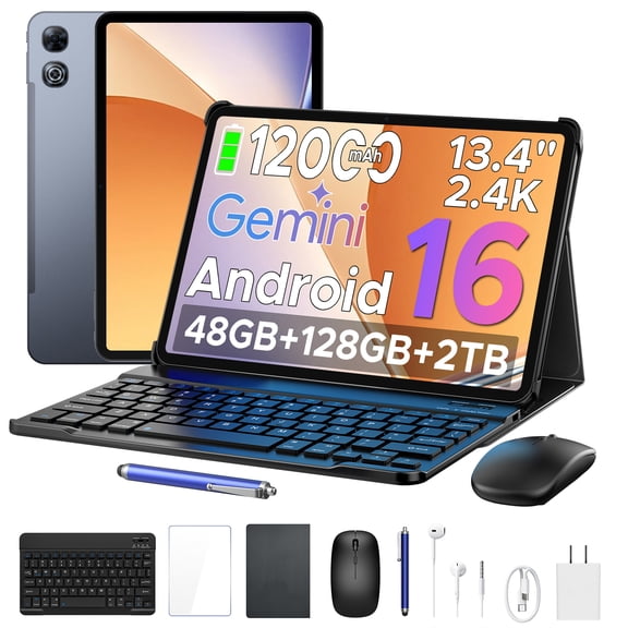 Aorlym P13 Android 16 Tablet, 13 inch Tablets with Gemini AI, IPS 2.4K, 120Hz, 48GB RAM+128GB ROM/2 TF, 12000mAh/18W, T7280 Octa-Core, 16MP, Face ID, 5G WiFi, GPS, OTG, Keyboard Stylus