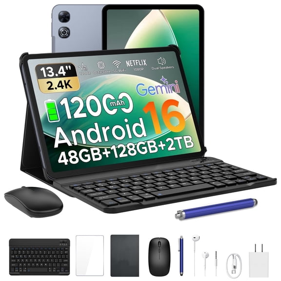 Aorlym P13 Android 16 Tablet, 13 inch Tablets with Gemini AI, IPS 2.4K, 120Hz, 48GB RAM+128GB ROM/2 TF, 12000mAh/18W, T7280 Octa-Core, 16MP, Face ID, 5G WiFi, GPS, OTG, Keyboard Stylus