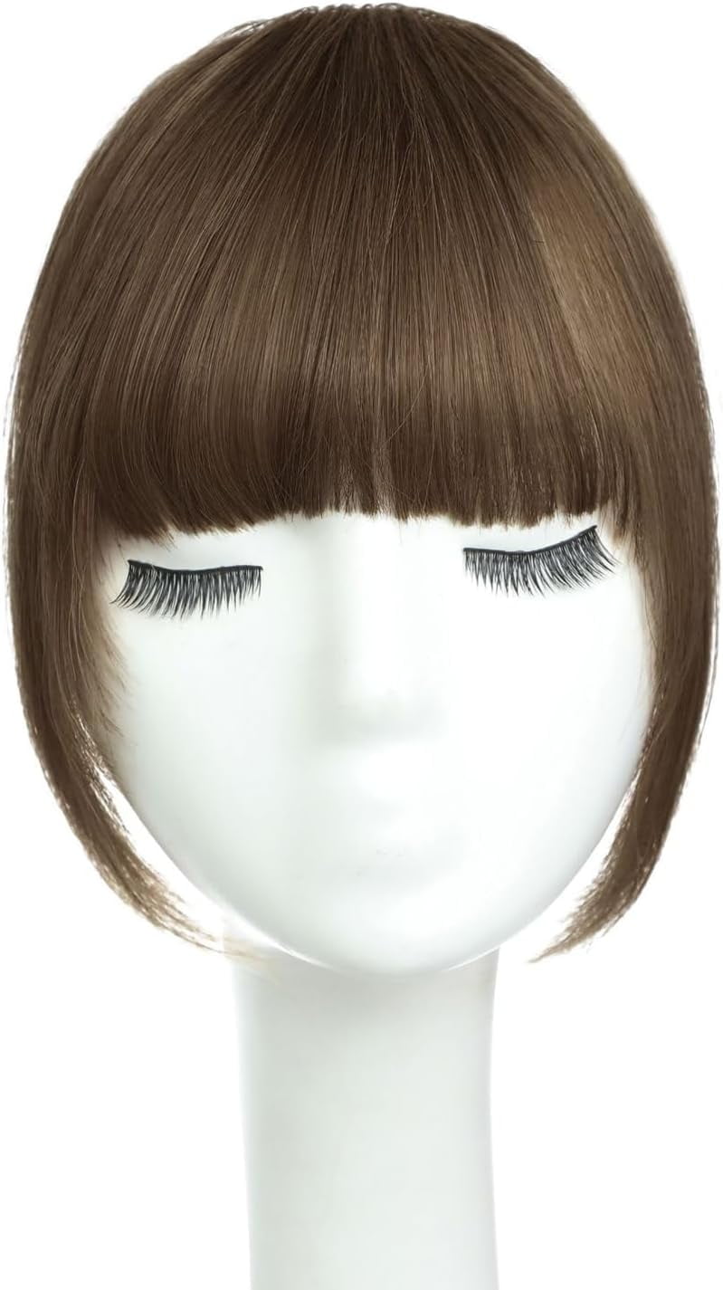 Aorsher 100% Real Human Hair Extensions, Bangs Hair Clip in Bangs, French Bangs Fringe with Temples, Light Brown Fake Thick Hairpieces for Women Daily Wear Brown