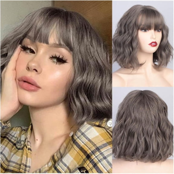 Aorsher 10Inch Short Bob Wig With Bangs Synthetic Natural Hair Dark Gray Wigs for Women Heat Resistant Fiber Adjustable Wigs for Daily Party Use