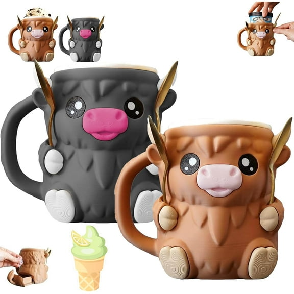Aorsher 2 Pack Highland Cow Ice Pint Holder with 4 Spoons, Ice Cream Pint Holder with Antifreeze Handle and Hidden Snack Drawer, Beer Can Cozy, Ideal Gift for Ice Cream Lovers, Brown and Black