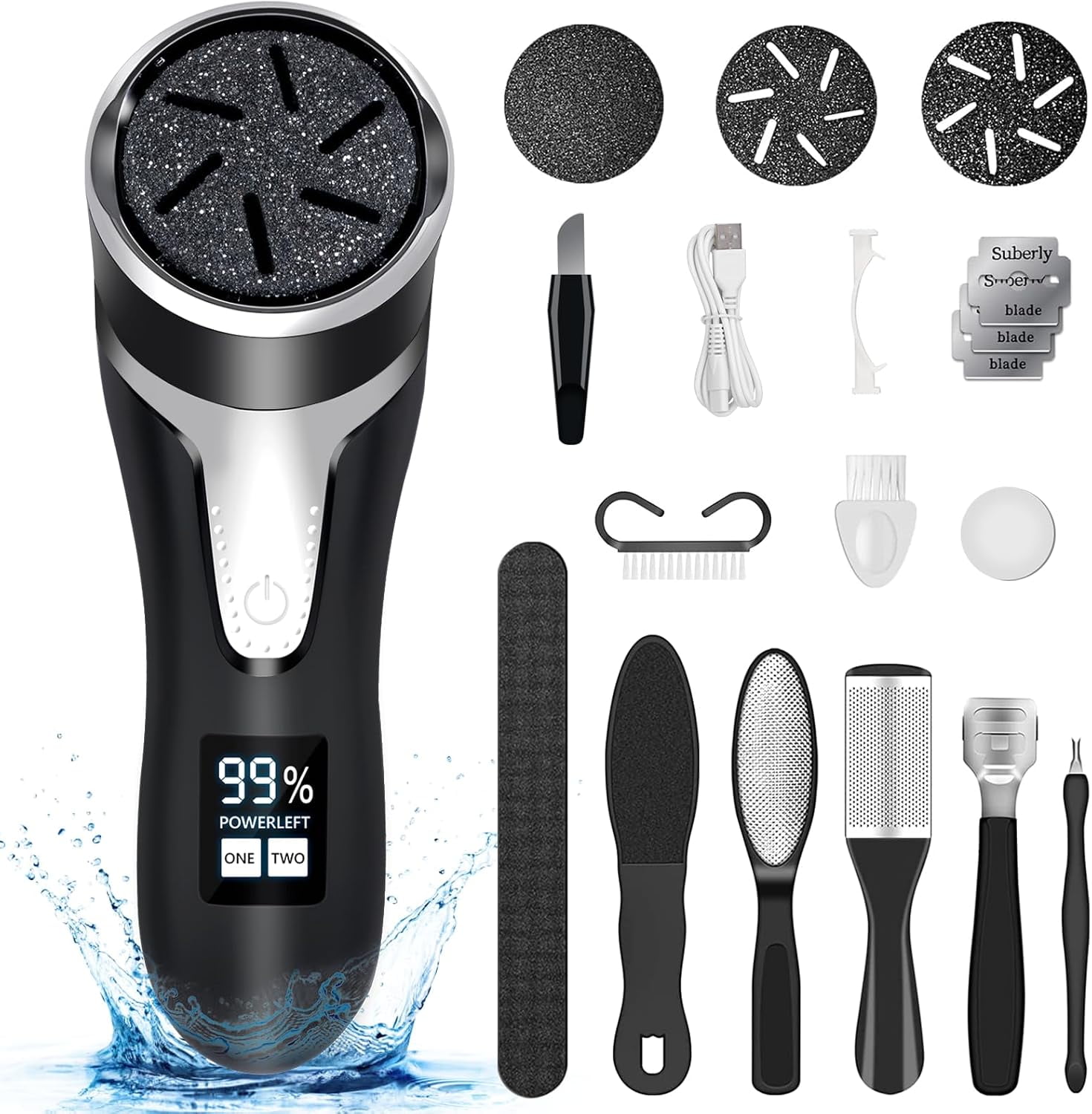 Aorsher 2-Speed Electric Foot Callus Remover with LCD Display, Dual Motors Rechargeable Calloused Feet Remover Tool Kit for Efficient Exfoliation of Dead Skin on Feet, IPX7 Waterproof