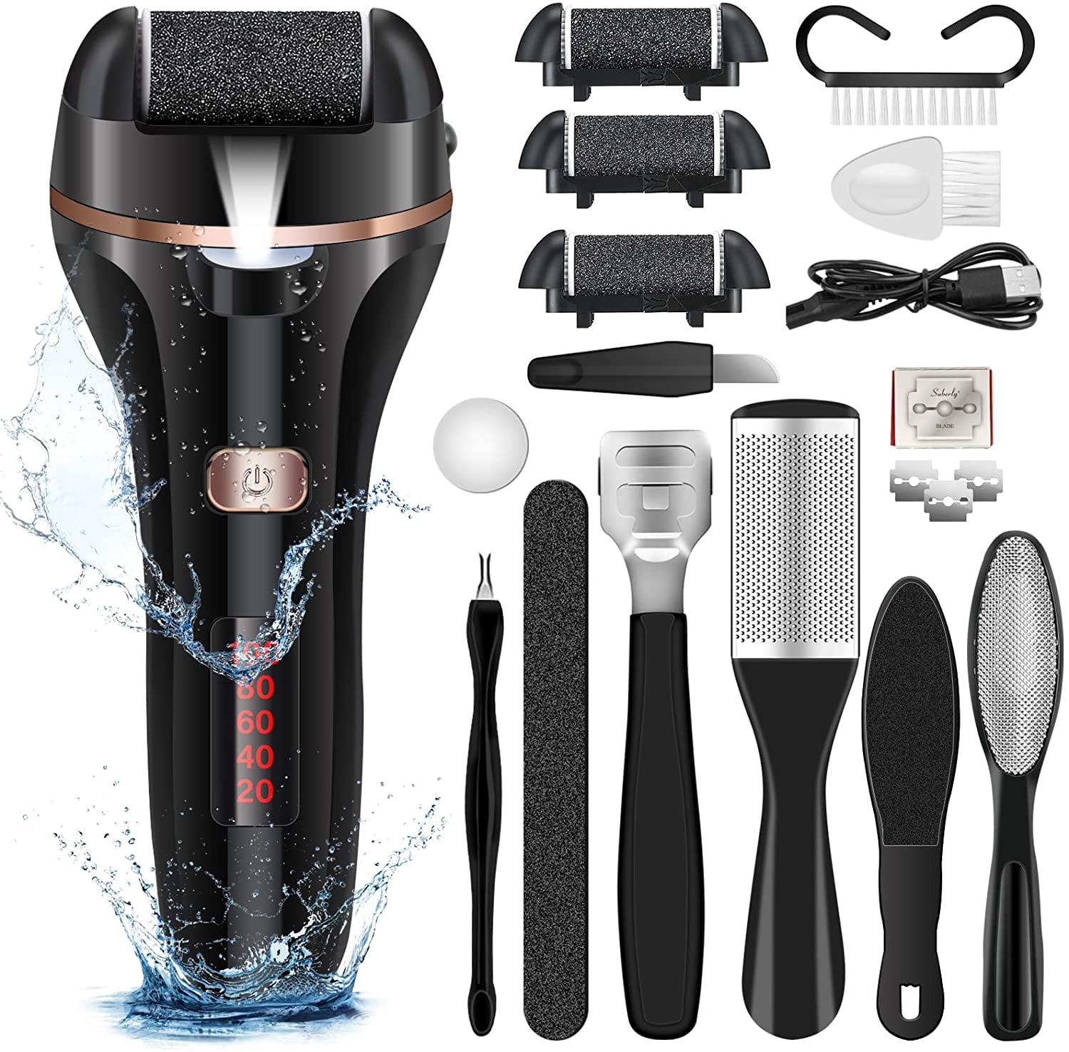 Aorsher 2 Speed Electric Foot File Callus Remover with 3 Roller Heads, Pedicure Tools Foot Care Set, Remove Cracked Heels Calluses and Hard Skin, Rechargeable