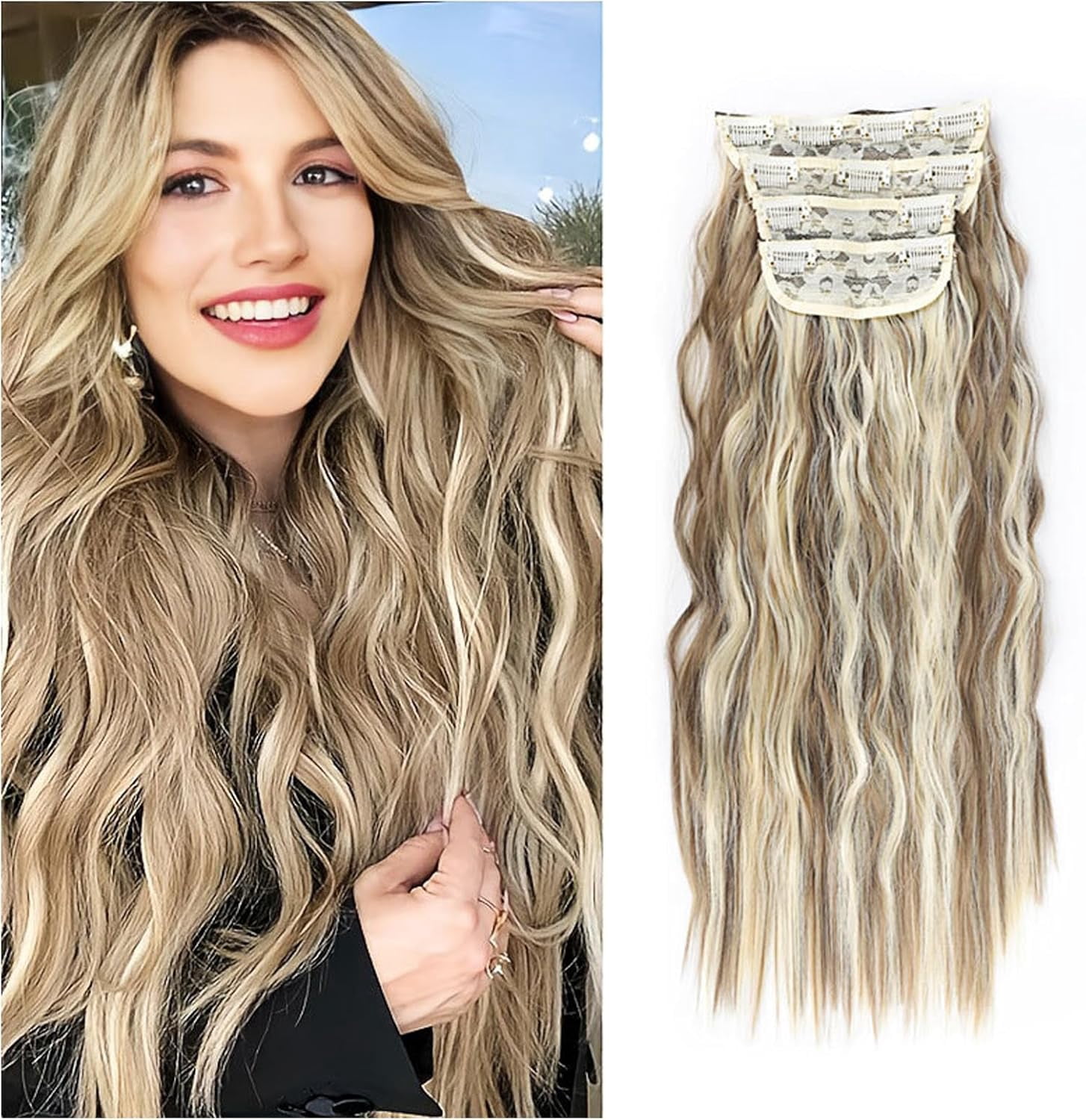 Aorsher 20 Inch 4PCS Clip in Hair Extensions Synthetic Long Wavy Hair Extension Clip in Dark Blonde Mix Bleached Seamless Natural Looking Clip in Hair Extensions for Women