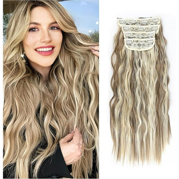 Aorsher 20 Inch 4PCS Clip in Hair Extensions Synthetic Long Wavy Hair Extension Clip in Dark Blonde Mix Bleached Seamless Natural Looking Clip in Hair Extensions for Women