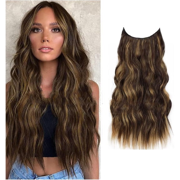 Aorsher 20 Inch Halo Hair Extensions, Invisible Wire Hair Extensions with 4 Secure Clips, Adjustable Size Transparent Headband Long Wavy Secret Black Hairpiece for Women