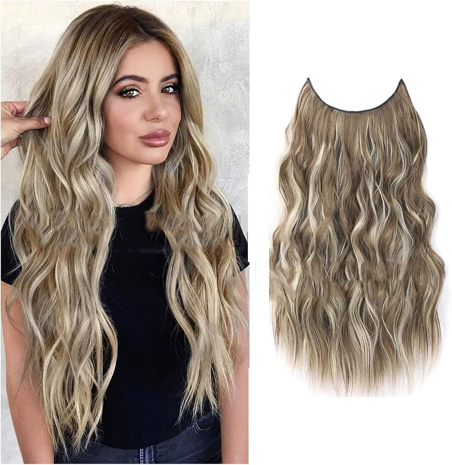 Aorsher 20 Inch Halo Hair Extensions, Invisible Wire Hair Extensions with 4 Secure Clips, Adjustable Size Transparent Headband Long Wavy Secret Black Hairpiece for Women