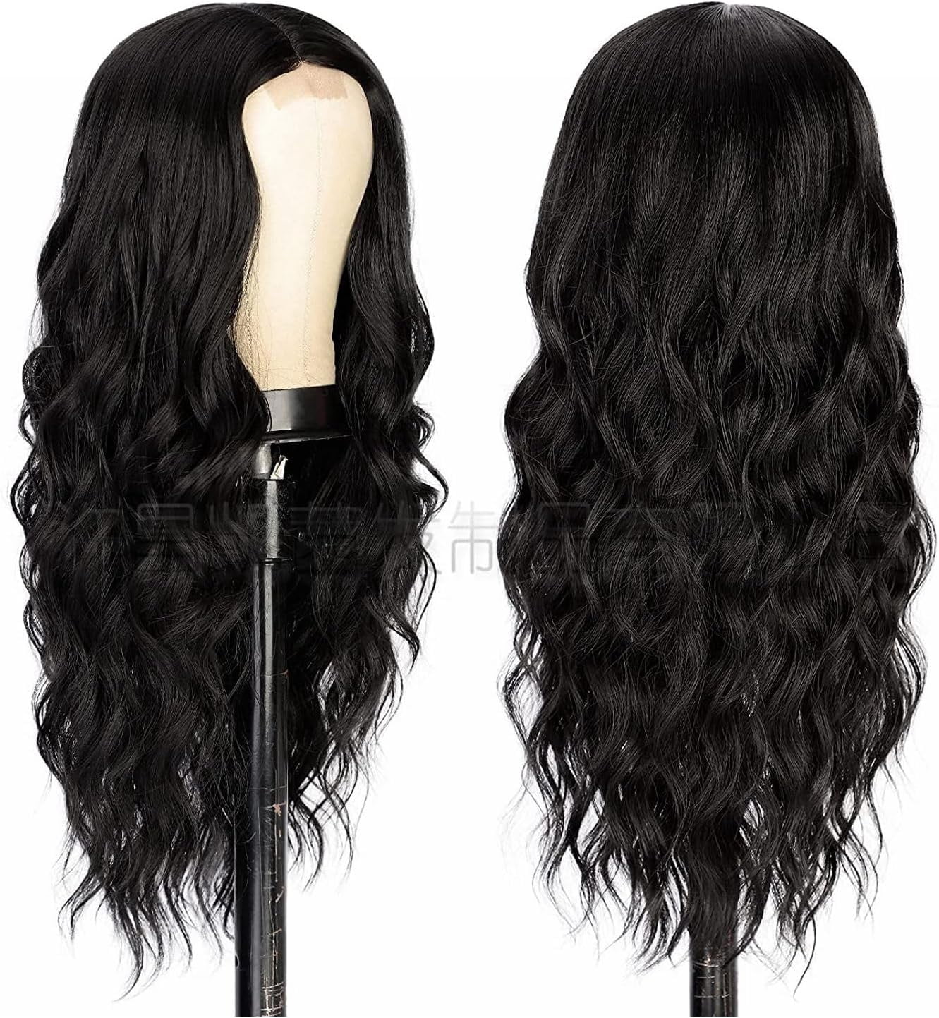 Aorsher 26Inch Long Wavy Middle Part Black Wig for Women Synthetic Curly Wigs Natural Wavy Heat Resistant Wig for Daily Party Use Small Area Lace Wig