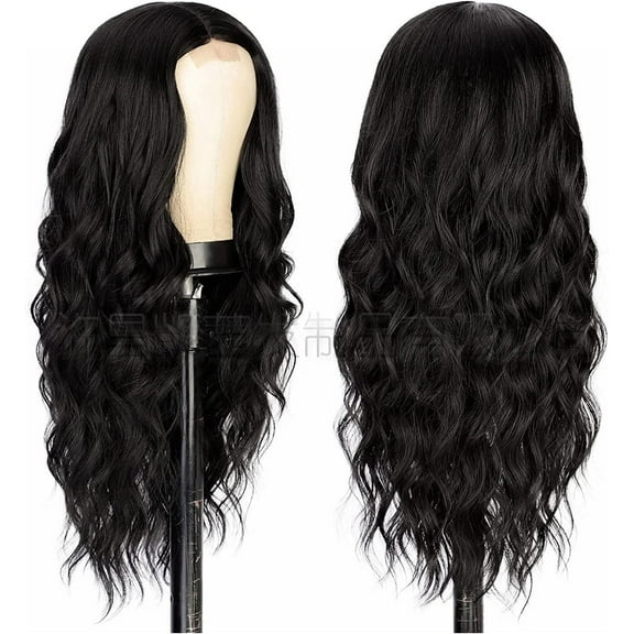 Aorsher 26Inch Long Wavy Middle Part Black Wig for Women Synthetic Curly Wigs Natural Wavy Heat Resistant Wig for Daily Party Use Small Area Lace Wig