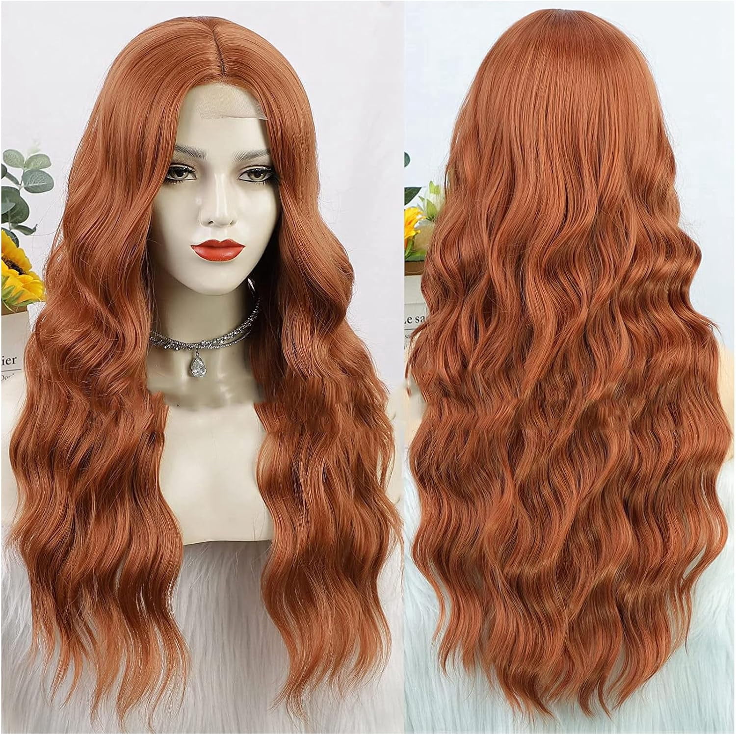 Aorsher 26Inch Long Wavy Middle Part Wig for Women Synthetic Curly Copper Wigs Natural Wavy Heat Resistant Wig for Daily Party Use Small Area Lace Wig