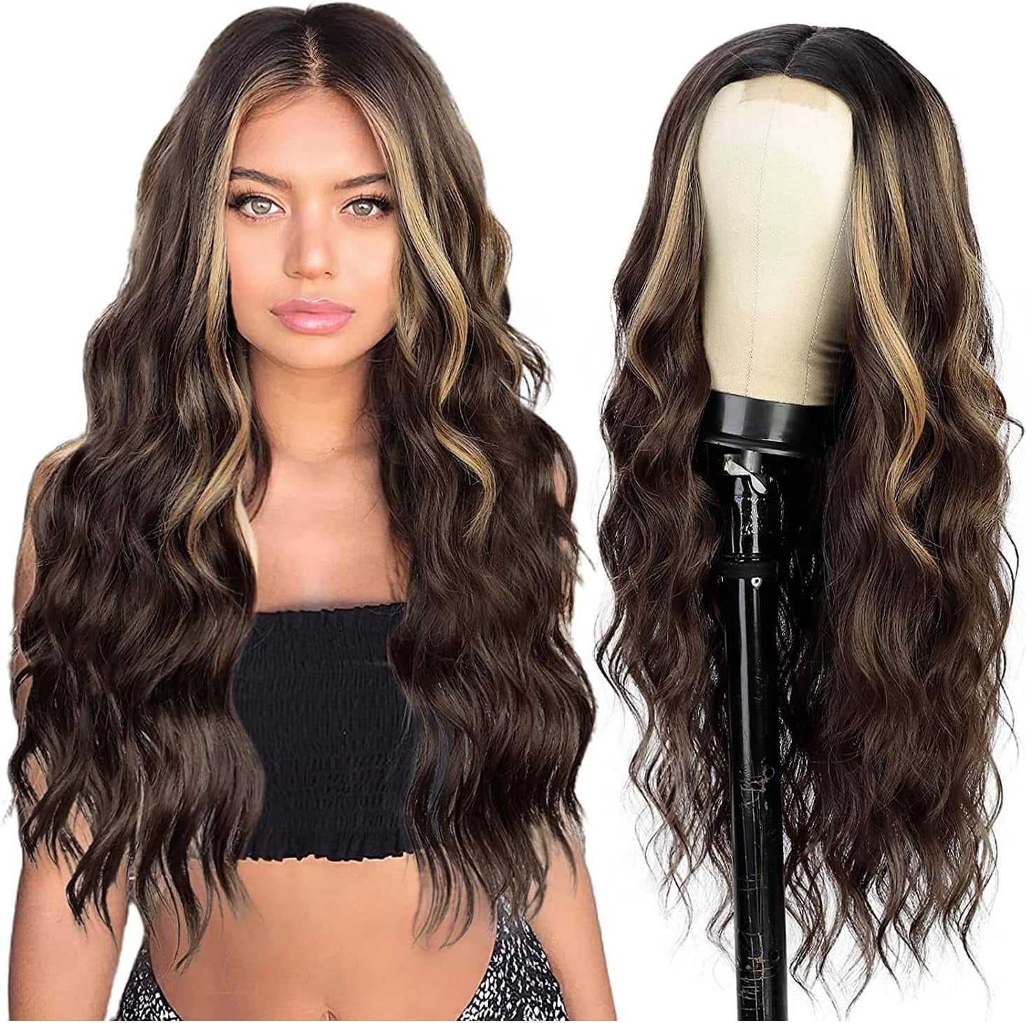 Aorsher 26Inch Long Wavy Middle Part Wig for Women Synthetic Curly Wigs Natural Wavy Heat Resistant Wig for Daily Party Use Small Area Lace Wig Dark Brown Mix Blonde