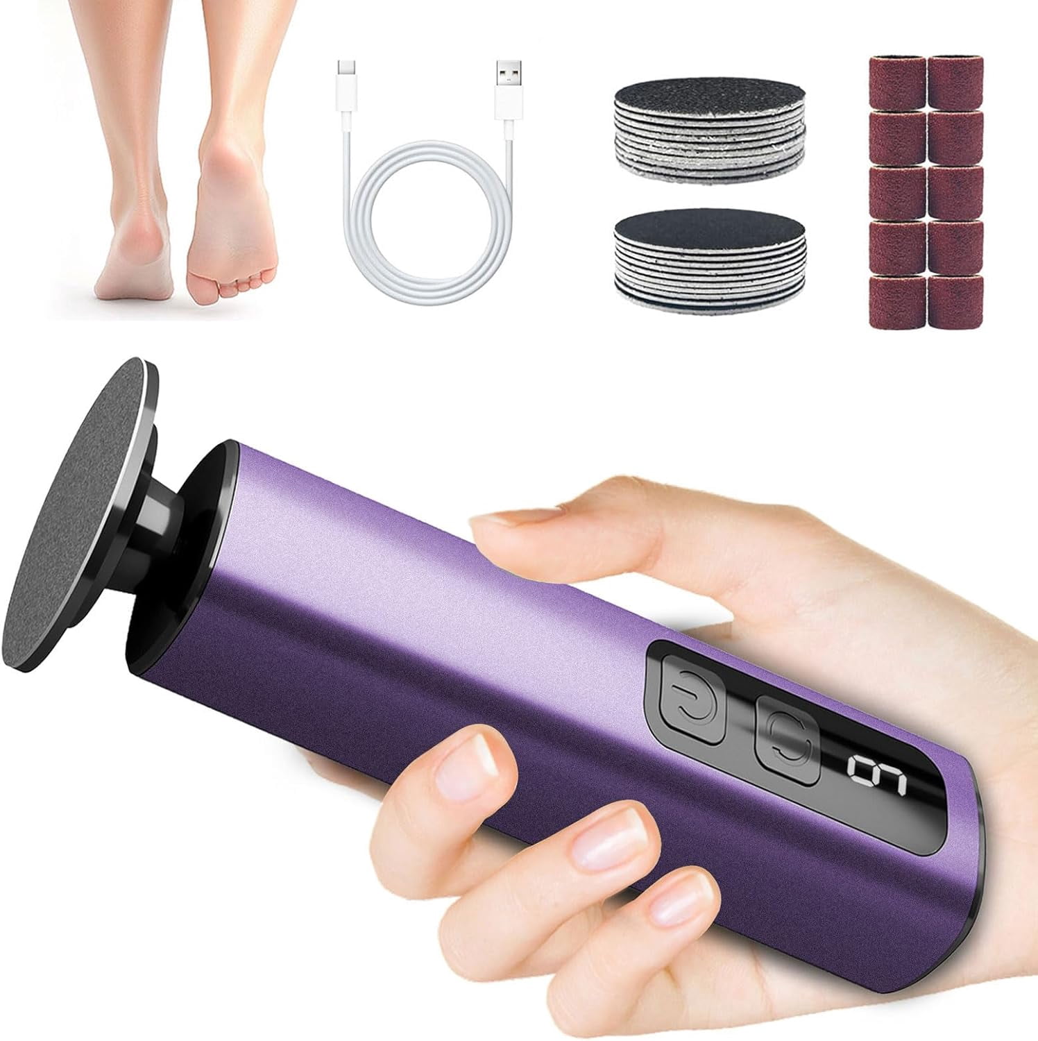 Aorsher 9 Adjustable Speeds Electric Foot Callus Remover & Nail File for Home & Travel, Portable Electric Callus Remover with 20 Sandpapers and 10 Nail Heads, Type-C Rechargeable