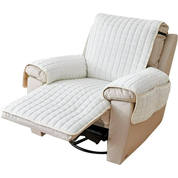 Aorsher Plush Recliner Chair Cover 23-30 Inches, Artificial Wool Lazy Boy Chair Cover, Washable Quilted Recliner Covers, Large Recliner Chair Protector with Side Pocket for Pet, Kids, White, 30"