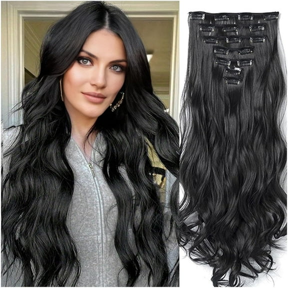 Aorsher Black Clip in Hair Extension, 7PCS Synthetic Hair Extension Clip in Thick Stright Layered Hair Extensions 20 Inch Invisible Double Weft Hair Extensions for Women