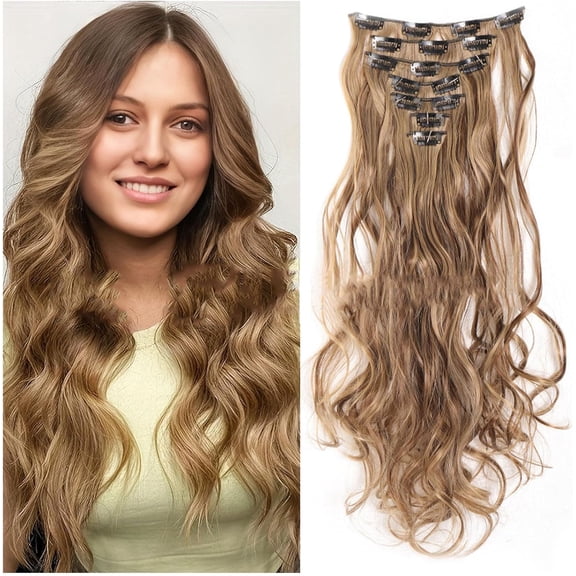 Aorsher Clip in Hair Extension 20 Inch 7PCS Synthetic Stright Soft Hair Extension Light Brown Mix Blonde Invisible Double Weft Hair Piece for Daily Use