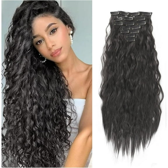 Clip In Hair Extensions 20 Inch 7 Pcs Natural Black Soft Thick Hairpieces Long Wavy Clip In Hair Piece Synthetic Natural Looking Hair Extension For Women