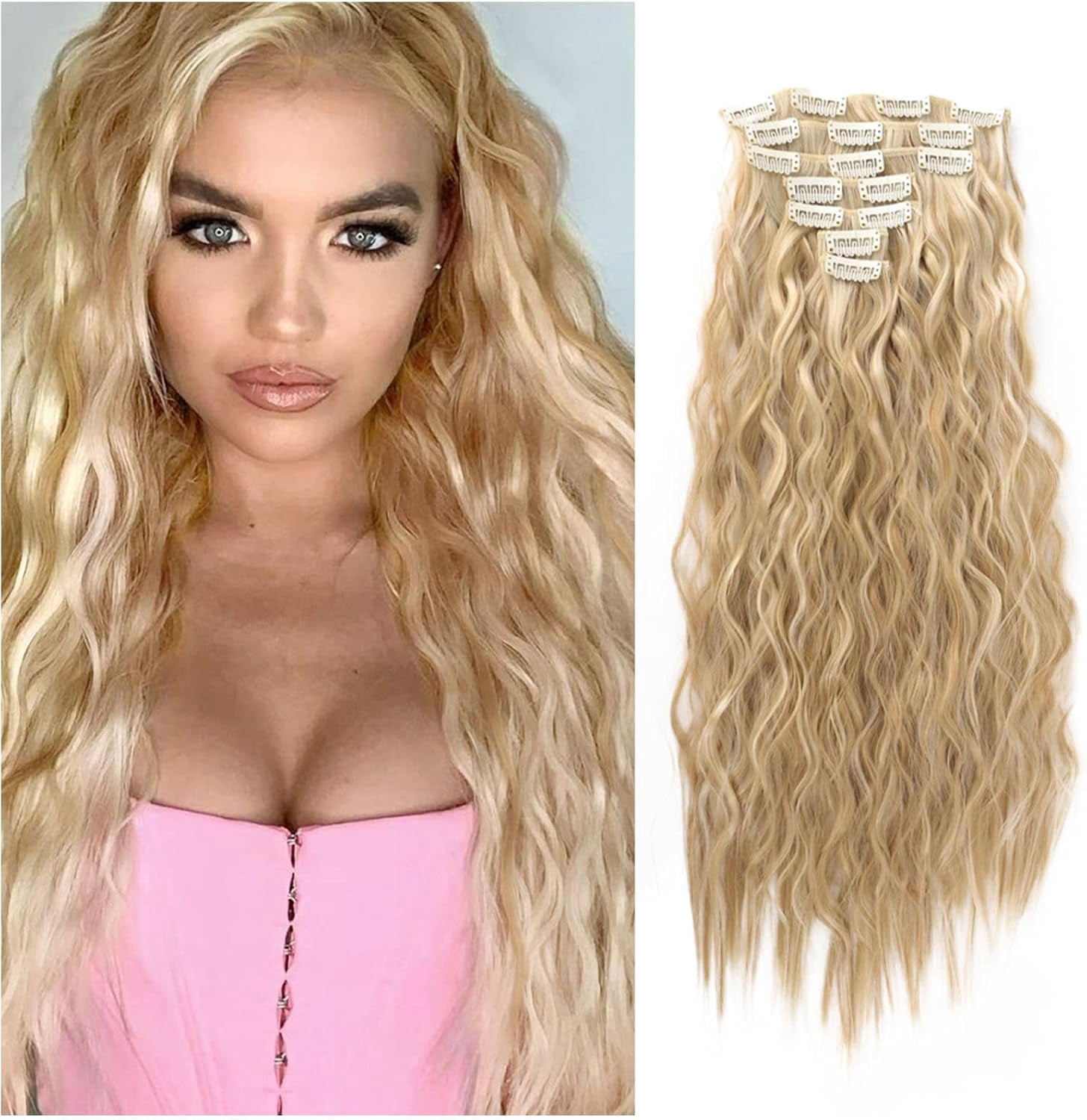 Clip In Hair Extensions 20 Inch 7 Pcs Soft Thick Hairpieces Long Wavy Clip In Hair Piece Synthetic Natural Looking Blonde Hair Extension For Women
