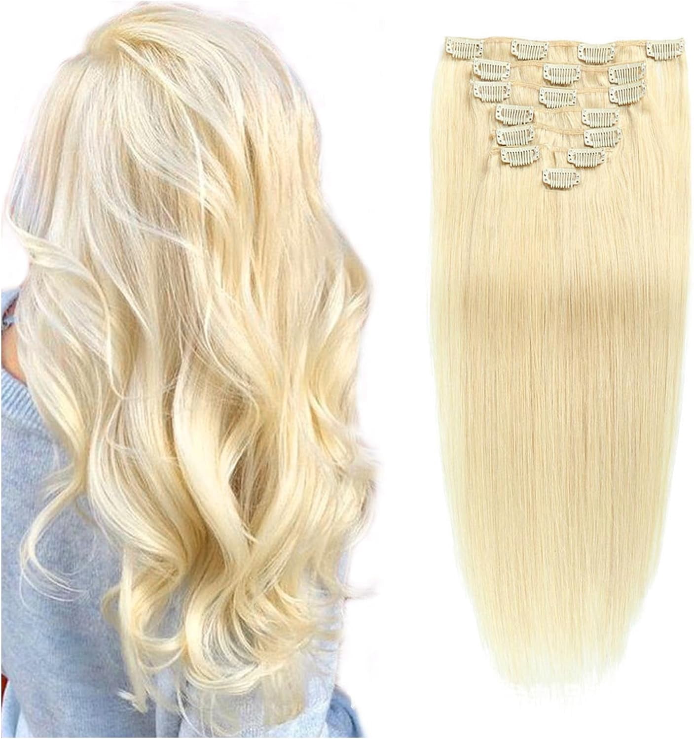 Aorsher Clip in Hair Extensions Natural Straight Human Hair Clip in Extensions Blonde B Invisible Double Weft Clip in Real Human Hair Extensions 7 Pcs 16inch 70g