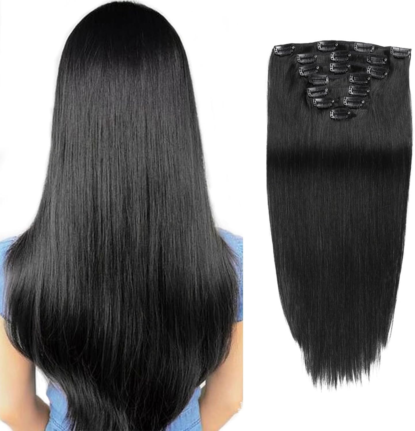 Aorsher Clip in Hair Extensions Natural Straight Human Hair Clip in Extensions Invisible Double Weft Clip in Real Human Hair Extensions 7 Pcs 16inch 70g Black