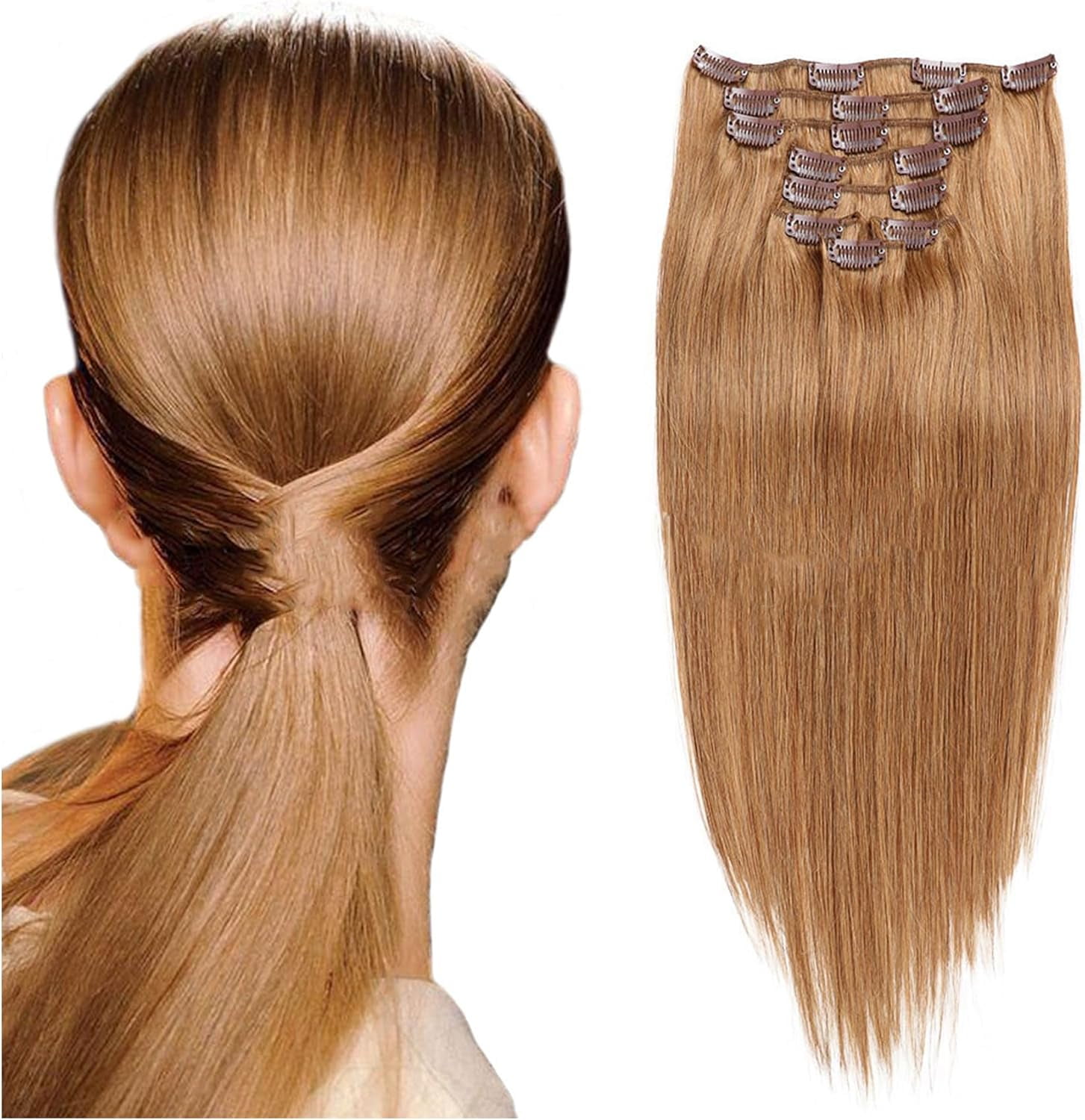 Aorsher Clip in Hair Extensions, Real Human Hair Pieces for Women, 7pcs Golden Brown Hair Extensions, 100% Human Hair Remy Virgin Clip In Extensions, Double Weft Straight Soft Hair No Tangles, 18Inch