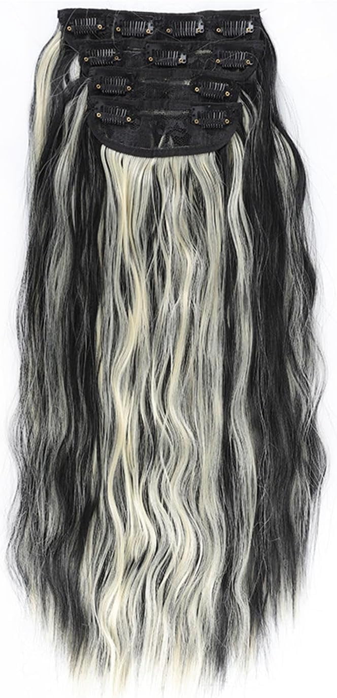 Aorsher Clip in Hair Extensions Thick Long Wavy Hair Extensions Upgrade Soft Lace Weft Layered Hair Extensions 20Inch 4PCS Black Mix Bleached Full Head Hairpiece