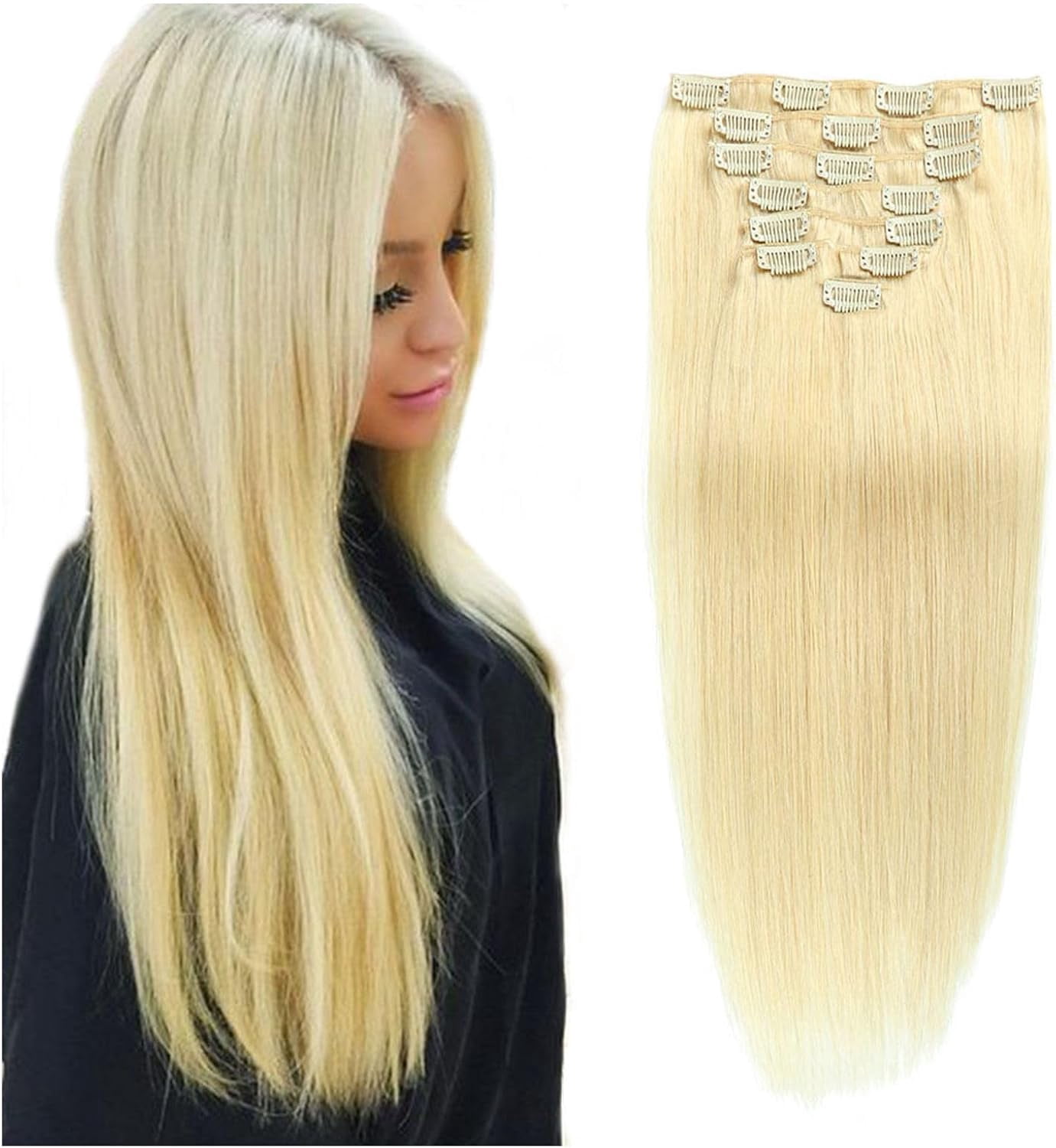 Aorsher Clip in Hair Extensions Remy Human Hair for Women Silky Straight Human Hair Clip in Extensions 70grams 7pieces 14inch Bleach Blonde