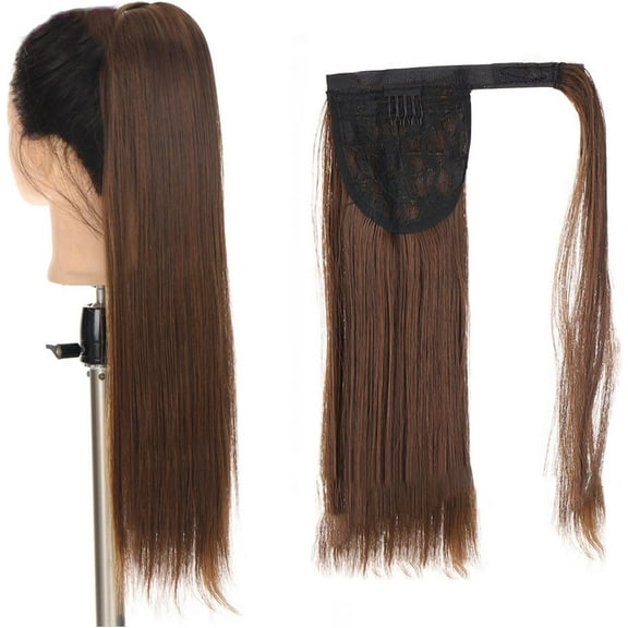 Aorsher Clip in Ponytail Extension Wrap Around Long Straight Medium Brown Pony Tail Hair 24Inch Synthetic Hairpiece for Women