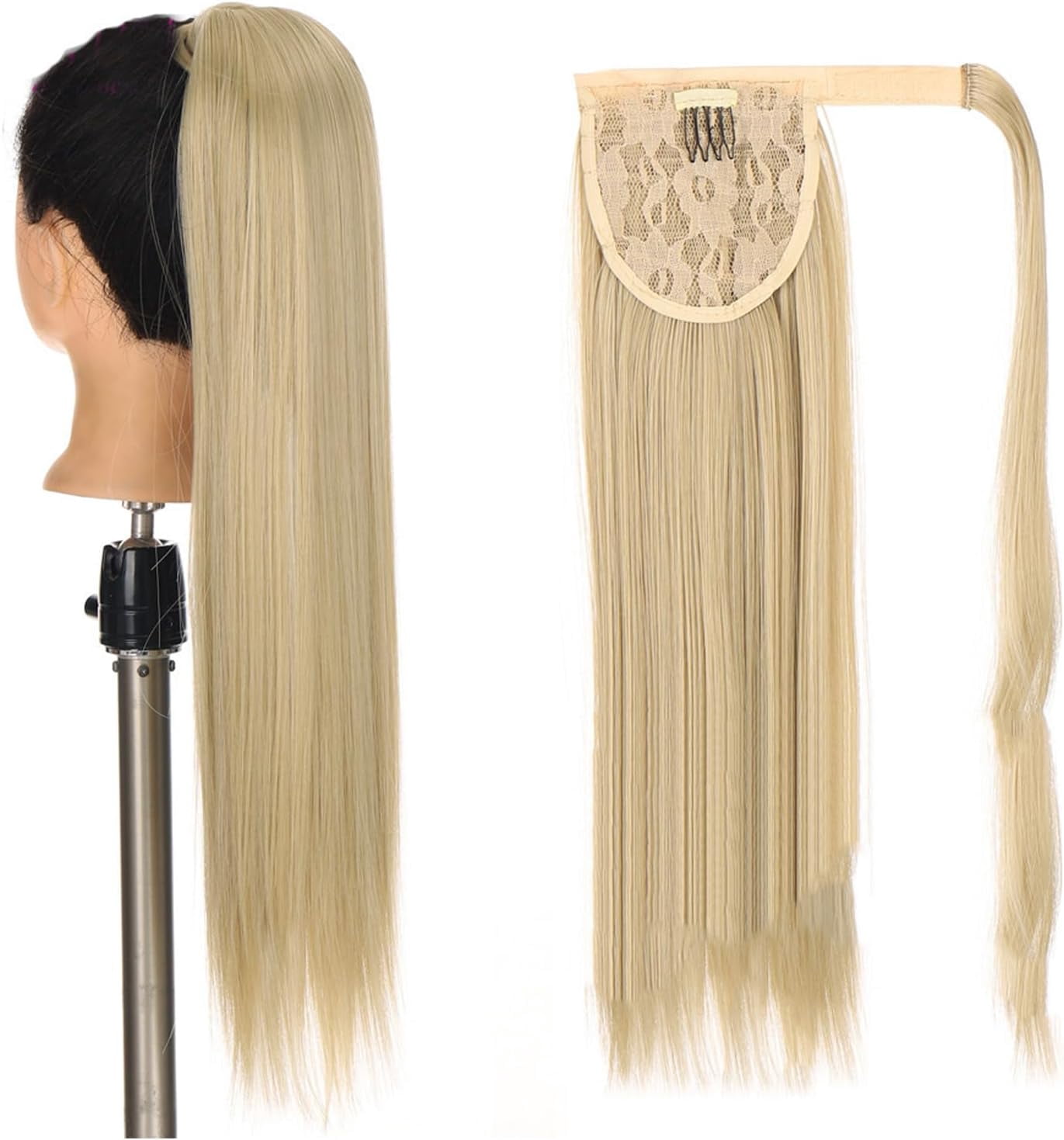 Aorsher Clip in Ponytail Extension Wrap Around Long Straight Pony Tail Hair 24Inch Synthetic Hairpiece for Women Blonde A