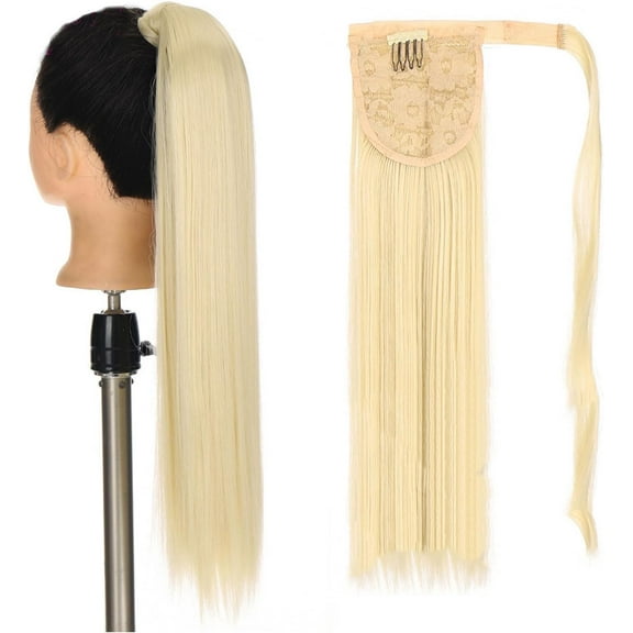 Aorsher Clip in Ponytail Extension Wrap Around Long Straight Pony Tail Hair 24Inch Synthetic Hairpiece for Women Blonde