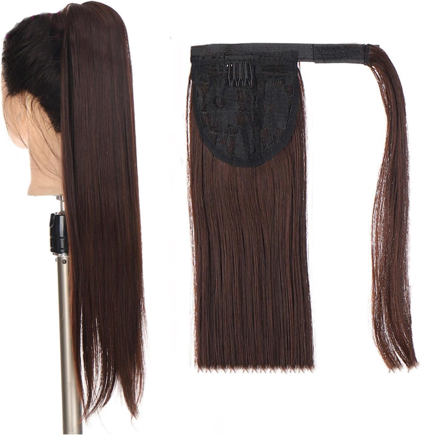 Aorsher Clip in Ponytail Extension Wrap Around Long Straight Pony Tail Hair 24Inch Synthetic Hairpiece for Women Dark Brown