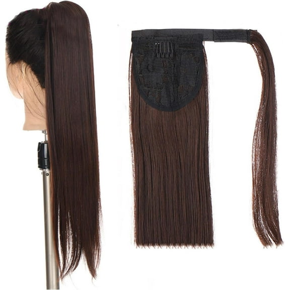 Aorsher Clip in Ponytail Extension Wrap Around Long Straight Pony Tail Hair 24Inch Synthetic Hairpiece for Women Dark Brown