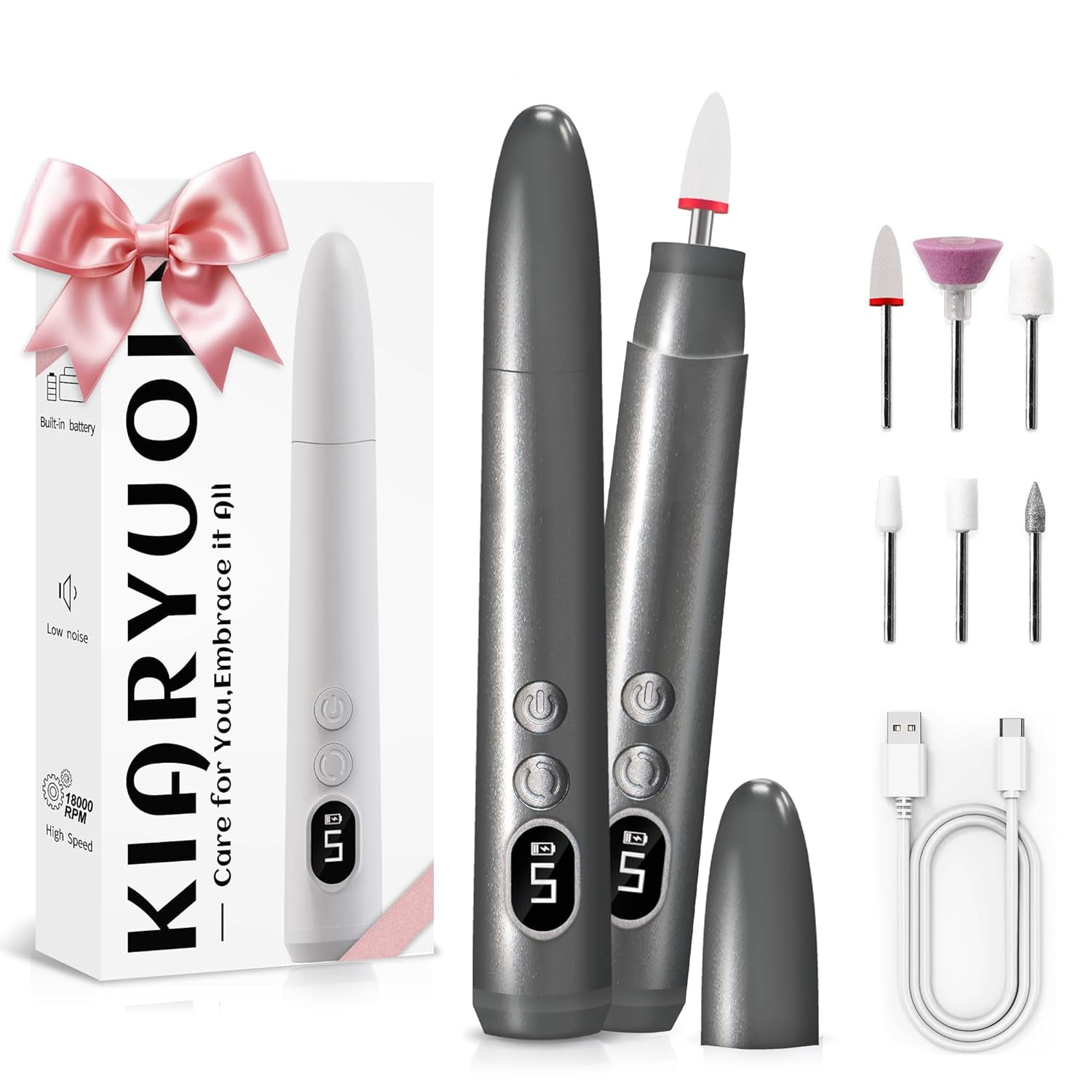 Aorsher Cordless Electric Nail Drill Kit, Portable Rechargeable Nail Drill Set, Professional Electric Nail File, 5 Speeds Modes, LED Lighting, Reversible Direction
