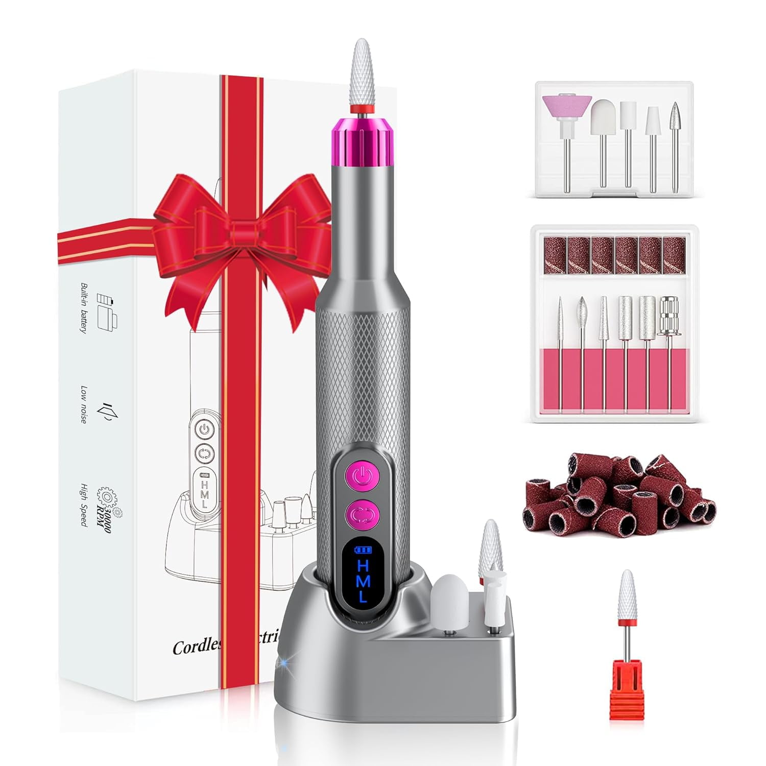 Aorsher Cordless Electric Nail Drill Professional E-File Nail Drill Kit for Acrylic, Gel Nails, Manicure Pedicure Polishing Shape Tools Design for Home Salon Use Gray