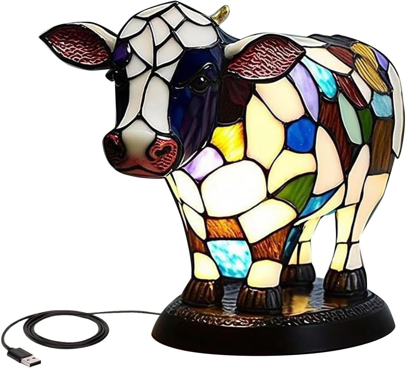 Aorsher Cow Lamp with USB Ports, 3D Cute Animal Night Light with Touch Control & Warm Glow, Resin Table Desk Lamp for Bedroom, Farmhouse Themed Decor Gift