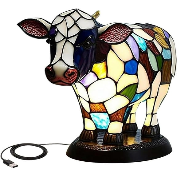 Aorsher Cow Lamp with USB Ports, 3D Cute Animal Night Light with Touch Control & Warm Glow, Resin Table Desk Lamp for Bedroom, Farmhouse Themed Decor Gift