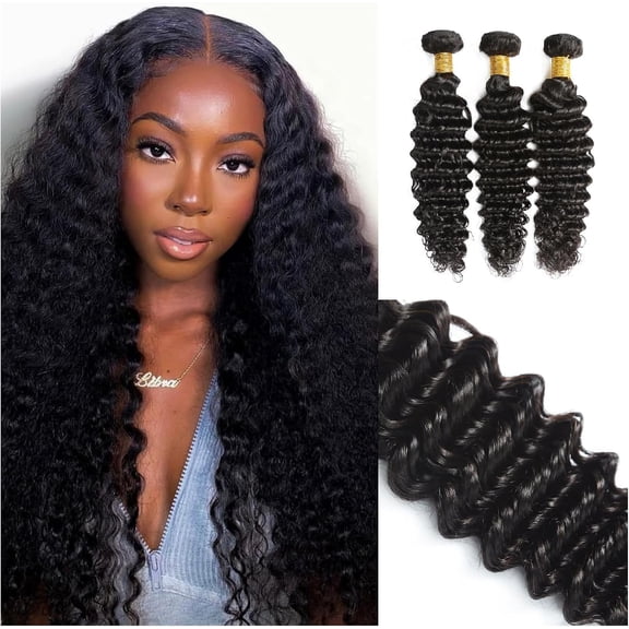 Aorsher Deep Wave Human Hair Bundles Brazilian Virgin Human Hair 100% Unprocessed Water Wave Bundles Double Weft 1 Bundles 16Inch Black A Deep Curly Weave Natural Hair