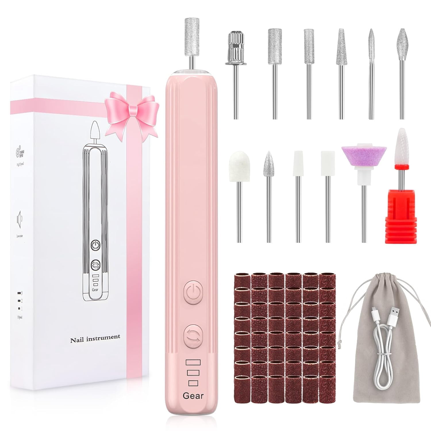Aorsher Electric Nail Drill Professional, Cordless Electric Nail File, Gel Nails, Manicure Pedicure for Polishing Shape Tools with 100Pcs Sanding Bands