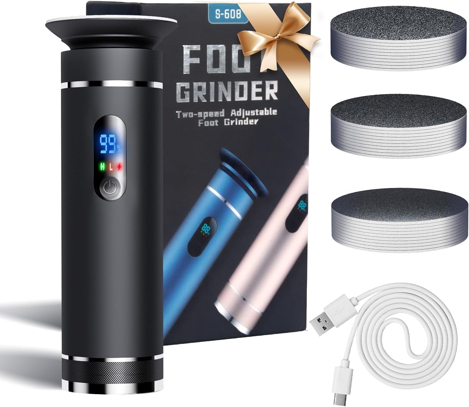 Aorsher Electronic Foot File Grinder with 60pcs Replacement Sandpaper Discs, Adjustable Speed Electric Callus Remover Professional Pedicure Tool for Men Women Dead Cracked Hard Skin Calluses