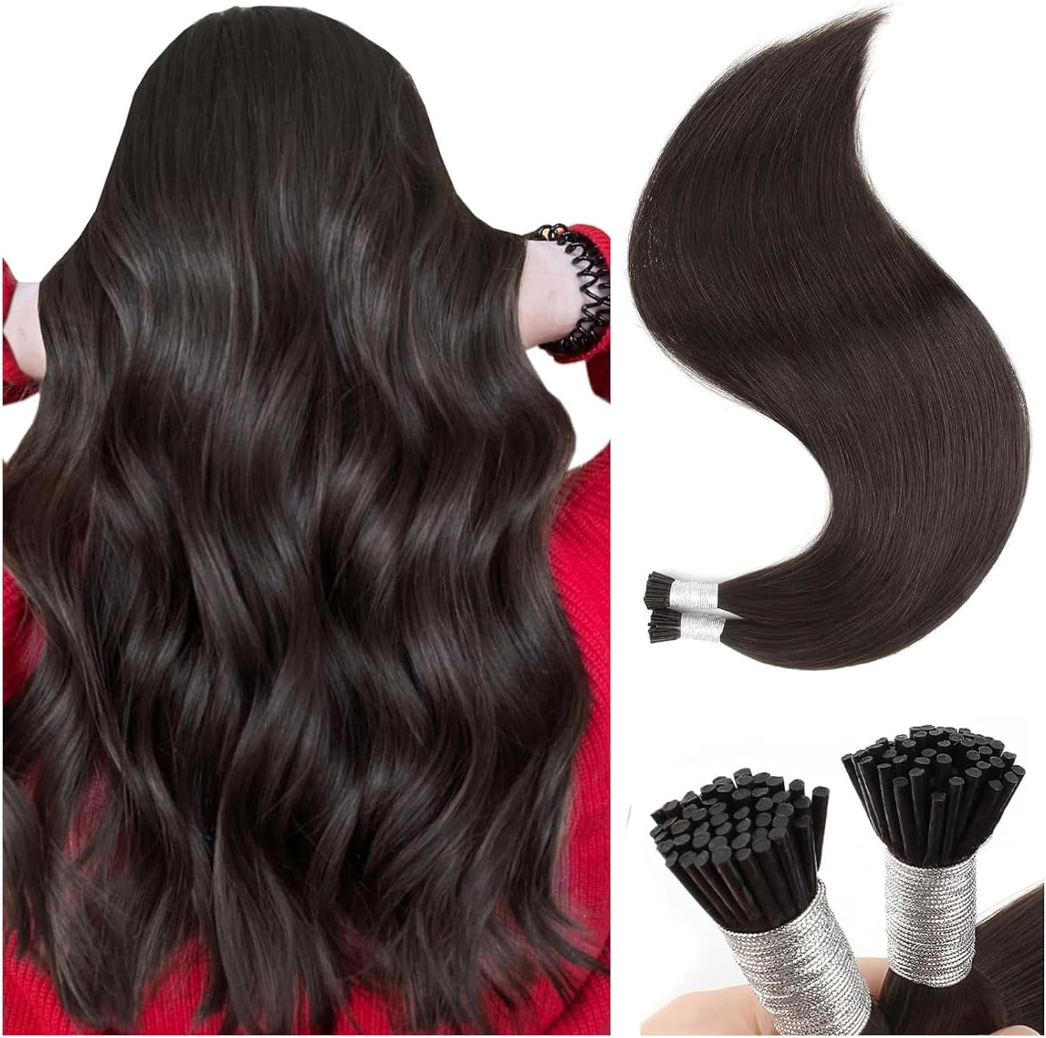 Aorsher I Tip Hair Extensions Human Hair 100Grams 100 Strands/Package Pre Bonded I Tip Hair Extensions 18Inch Dark Brown Remy Straight Stick Tip Real Human Hair Extensions