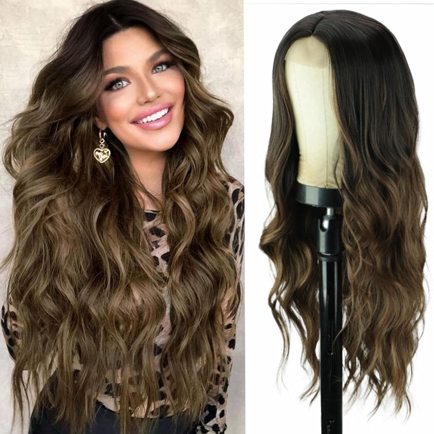 Aorsher Long Wavy Middle Part Wig for Women Chestnut Brown Synthetic Curly Wigs Natural Wavy Heat Resistant Wig for Daily Party Use Small Area Lace Wig