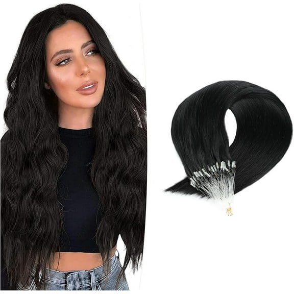 Aorsher Micro Links Human Hair Extensions Black Micro Loop Hair Extensions Micro Ring Remy Hair Extensions 18Inch 100Strands Cold Fusion Extensions for Women