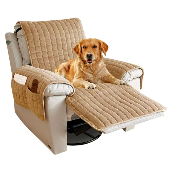 Aorsher Plush Recliner Chair Cover 23-30 Inches, Artificial Wool Lazy Boy Chair Cover, Washable Quilted Recliner Covers, Large Recliner Chair Protector with Side Pocket for Pet, Kids, Apricot, 23"