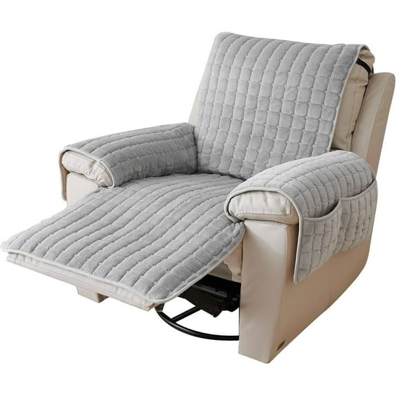 Aorsher Plush Recliner Chair Cover 23-30 Inches, Artificial Wool Lazy Boy Chair Cover, Washable Quilted Recliner Covers, Large Recliner Chair Protector with Side Pocket for Pet, Kids, Grizzly, 25"