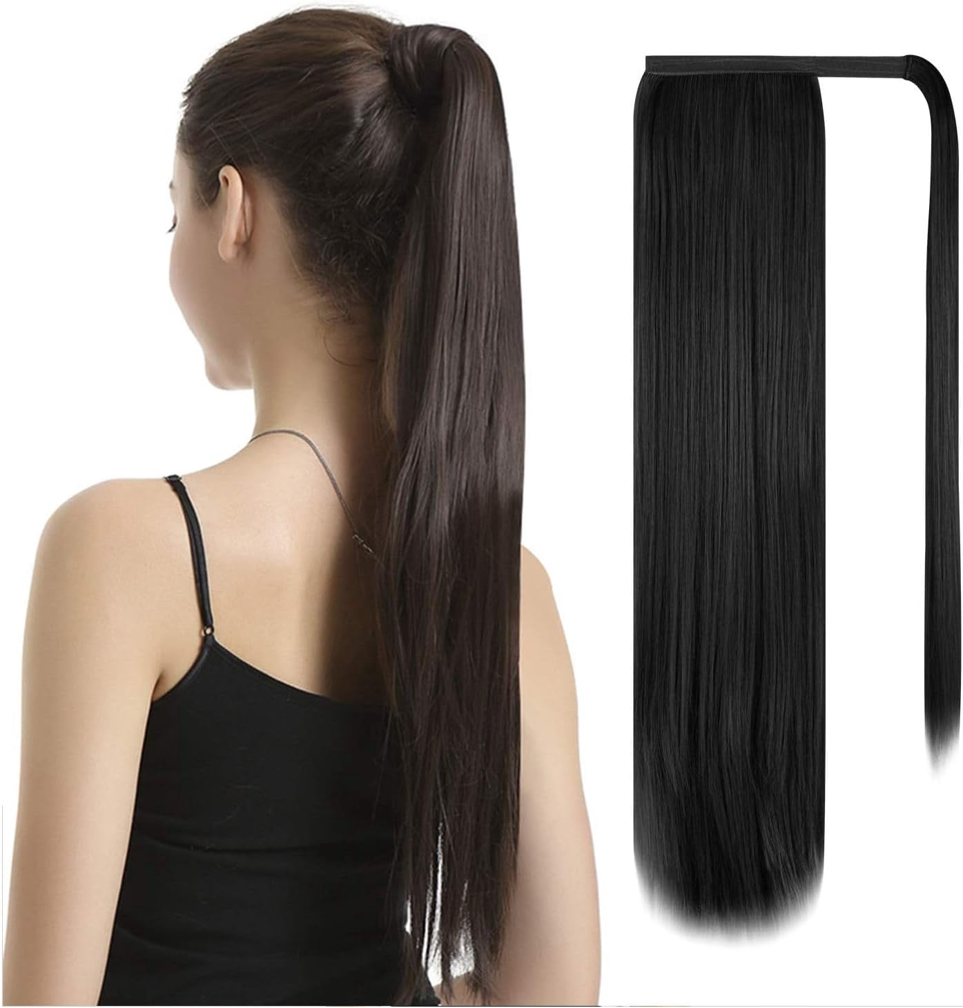 Aorsher Ponytail Extension 24 Inch Long Straight Wrap Around Black Ponytail Synthetic Heat Resistant Clips in Hairpiece for Women