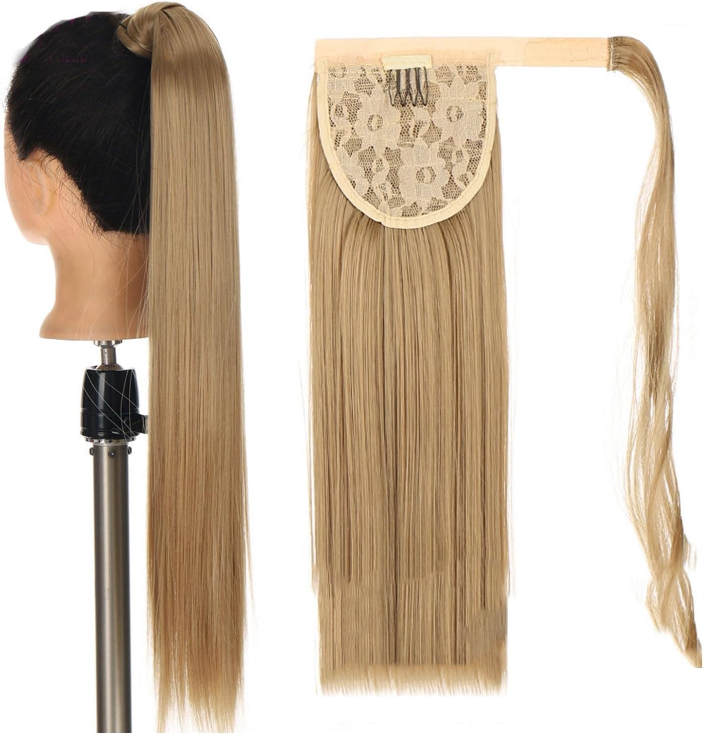 Aorsher Ponytail Extension 24 Inch Long Straight Wrap Around Ponytail Synthetic Heat Resistant Clips in Hairpiece for Women Brown Gray