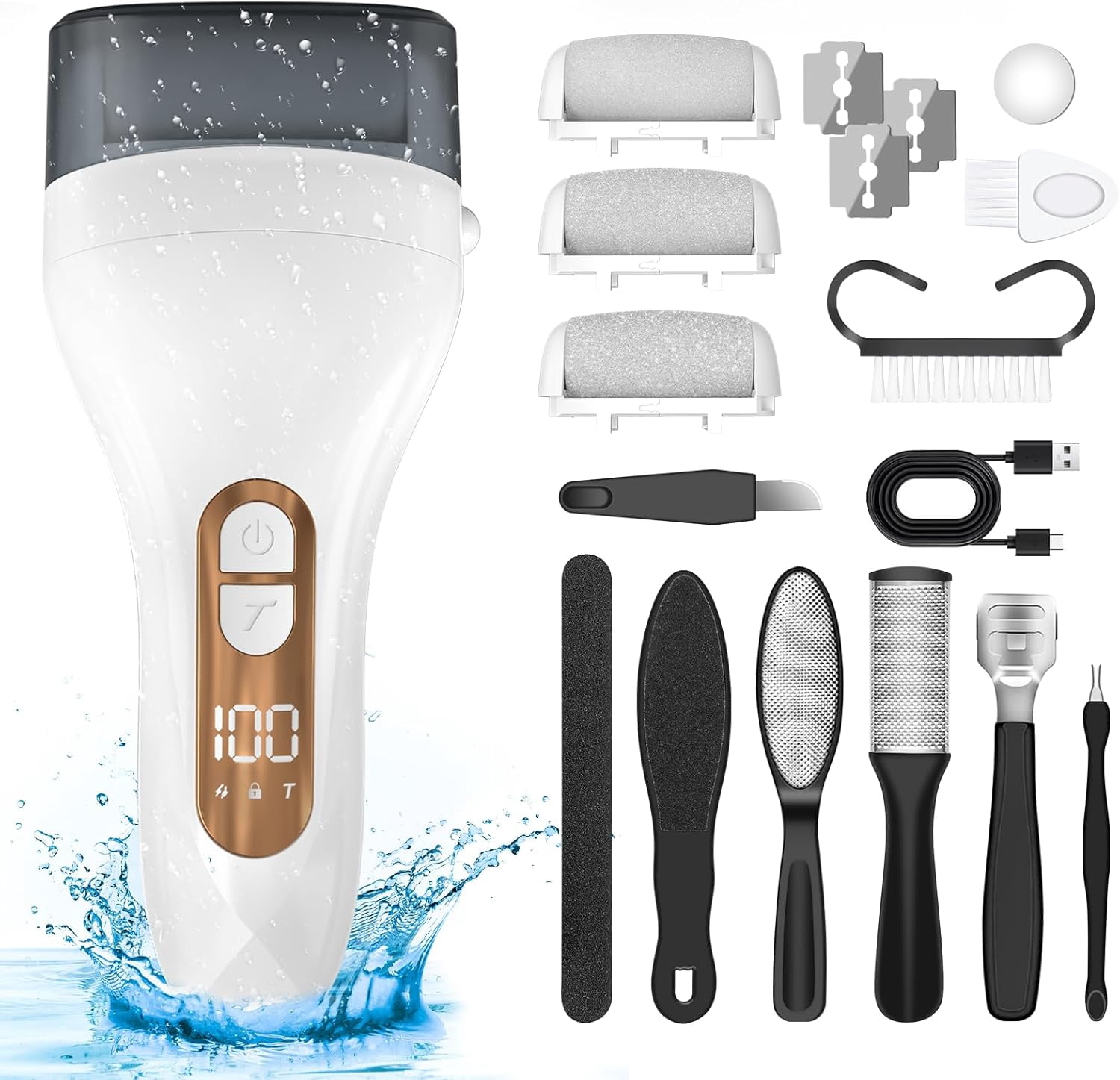 Aorsher Portable Pedicure Kit for Feet, Electric Foot File Callus Remover with Larger Grinding Head and LCD Display, Rechargeable Waterproof File Callus Remover, Black